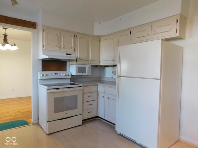 kitchen with white appliances, baseboards, under cabinet range hood, a notable chandelier, and light wood-type flooring