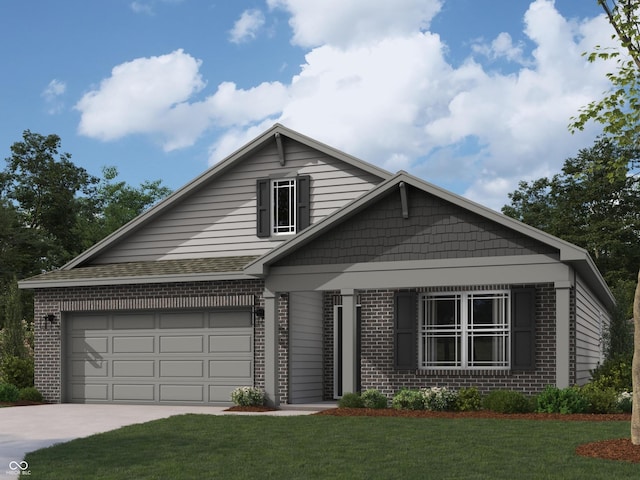 view of front of property with brick siding, a garage, driveway, and a front lawn