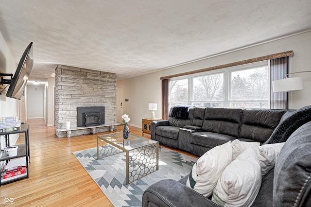 living room with a fireplace, wood finished floors, and baseboards