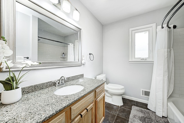 full bathroom with tile patterned floors, visible vents, toilet, shower / tub combo, and vanity