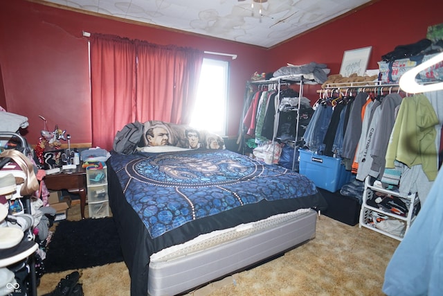 carpeted bedroom featuring lofted ceiling