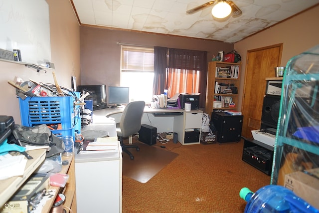 home office with a ceiling fan and carpet floors