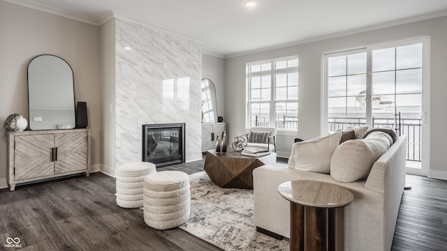 living area featuring crown molding, baseboards, dark wood-type flooring, and a high end fireplace