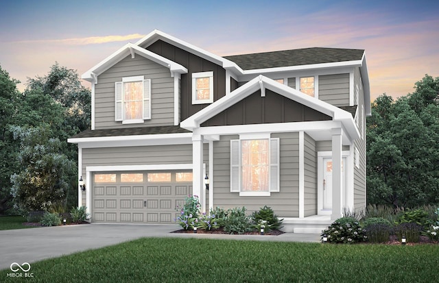 view of front facade with board and batten siding, an attached garage, driveway, and roof with shingles