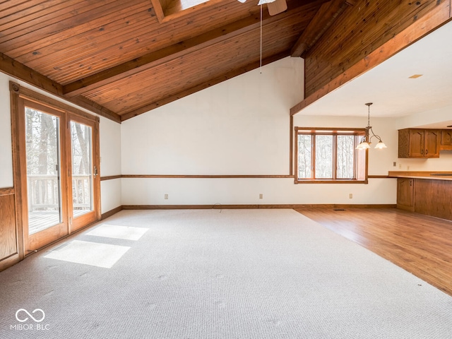 unfurnished living room featuring lofted ceiling with beams, baseboards, wood ceiling, and light wood finished floors