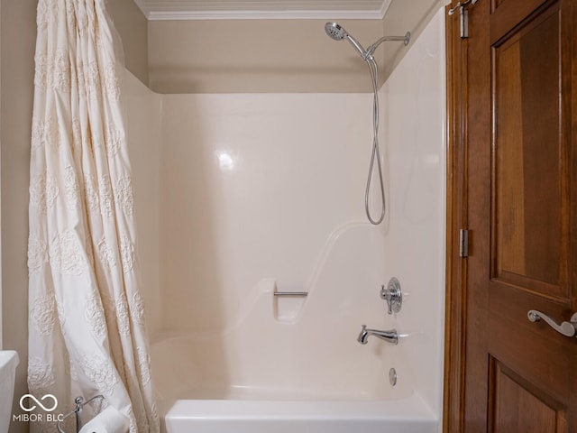 full bathroom featuring shower / bath combination with curtain and ornamental molding