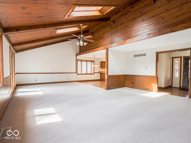 carpeted spare room with visible vents, beam ceiling, wood walls, wainscoting, and wood ceiling