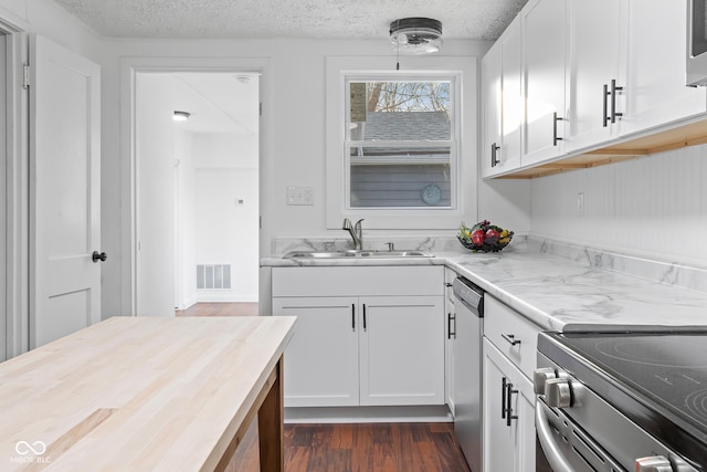 kitchen featuring a sink, visible vents, appliances with stainless steel finishes, and white cabinetry