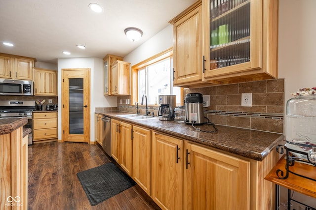 kitchen with tasteful backsplash, glass insert cabinets, dark wood-type flooring, appliances with stainless steel finishes, and a sink