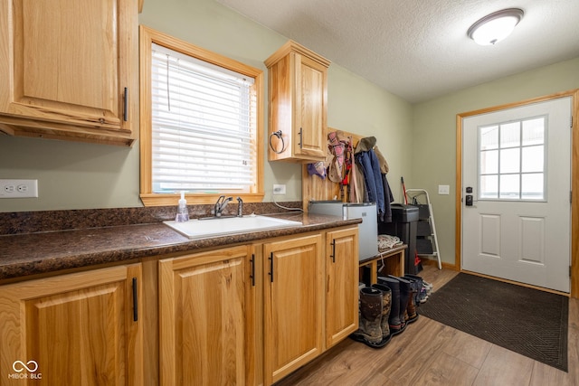 kitchen with a sink, dark countertops, wood finished floors, and a textured ceiling