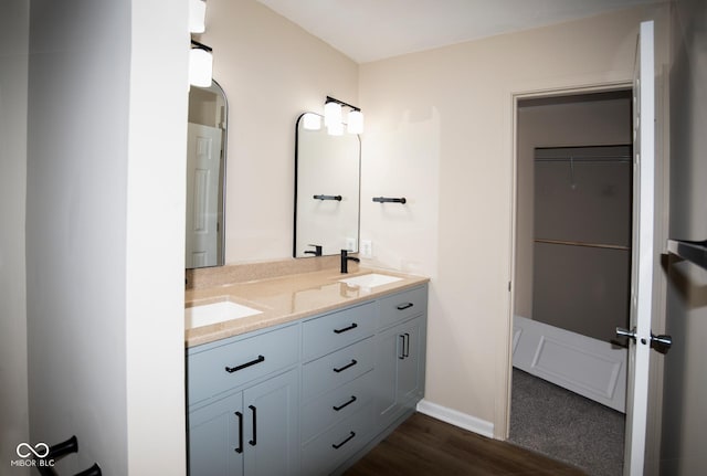 bathroom with a walk in closet, a sink, wood finished floors, double vanity, and baseboards