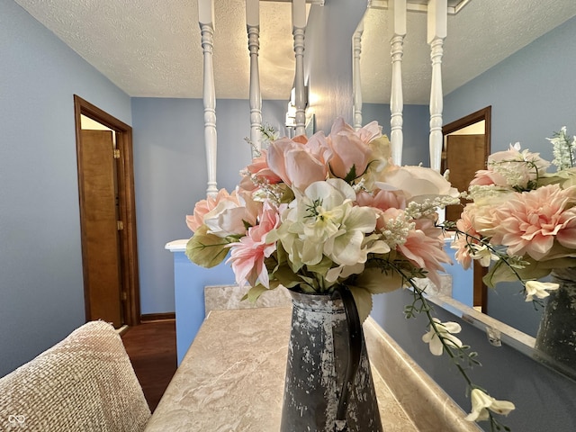 interior details with a textured ceiling, baseboards, and wood finished floors