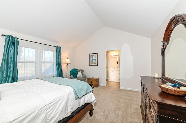 bedroom with baseboards, light carpet, and vaulted ceiling