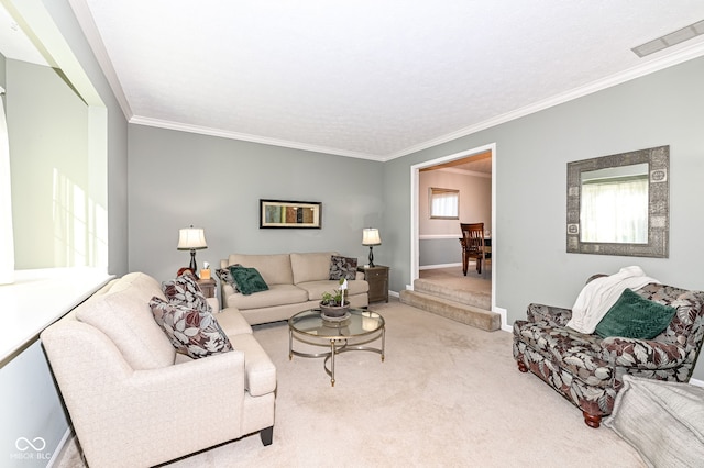 carpeted living room featuring visible vents, baseboards, and ornamental molding