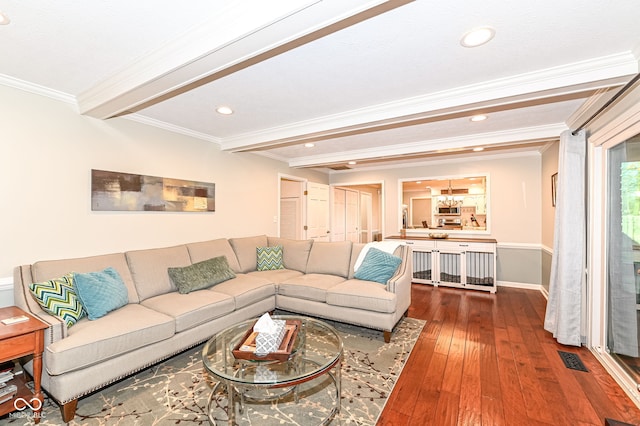 living room featuring beam ceiling, ornamental molding, hardwood / wood-style floors, recessed lighting, and baseboards