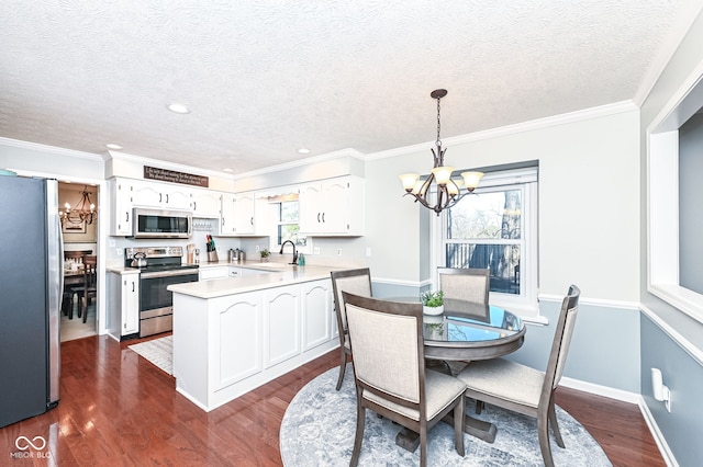 kitchen with dark wood-type flooring, white cabinetry, stainless steel appliances, an inviting chandelier, and light countertops