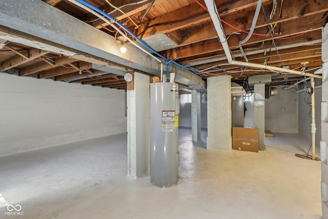 unfinished basement featuring water heater