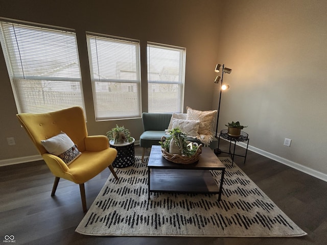 living area featuring baseboards and wood finished floors