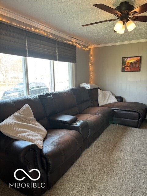 living room with carpet flooring, a textured ceiling, ornamental molding, and a ceiling fan