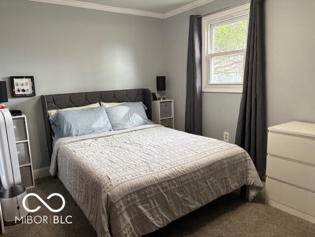 bedroom with carpet and ornamental molding