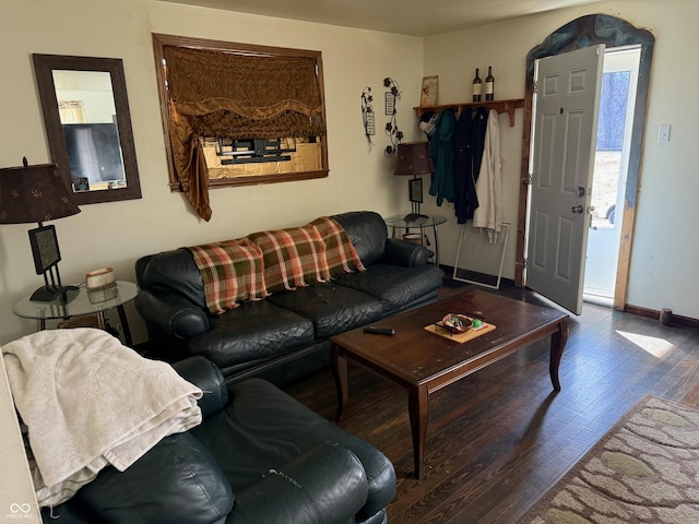 living room featuring wood finished floors and baseboards