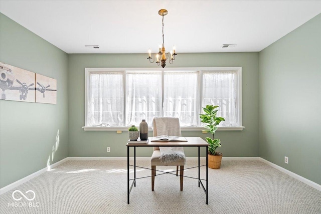 carpeted home office with visible vents, baseboards, a healthy amount of sunlight, and a chandelier