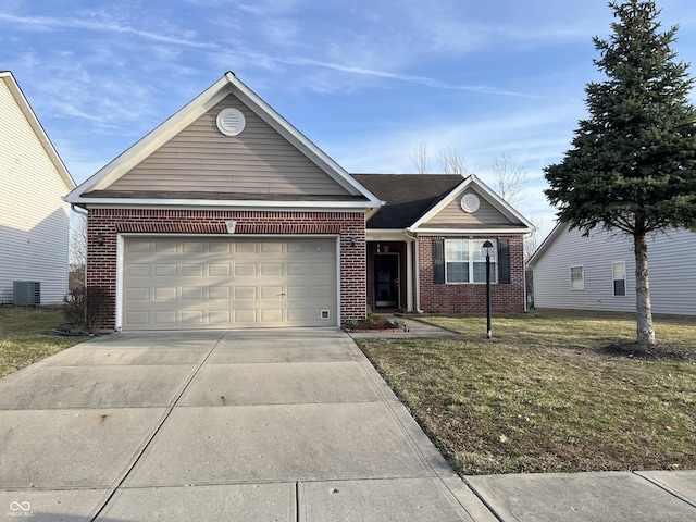 single story home featuring central air condition unit, brick siding, concrete driveway, and an attached garage