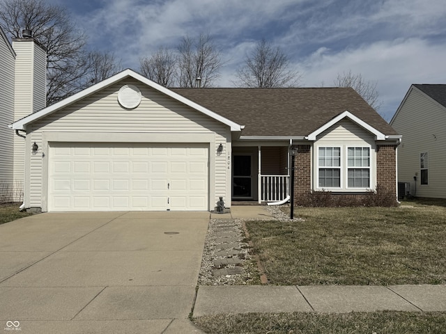 ranch-style house featuring central AC unit, driveway, roof with shingles, an attached garage, and brick siding