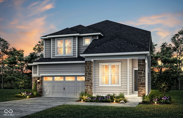 view of front of property featuring driveway, an attached garage, stone siding, and roof with shingles