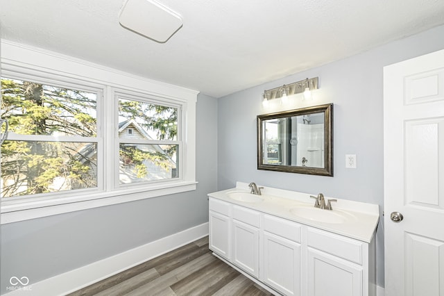 bathroom with double vanity, wood finished floors, baseboards, and a sink