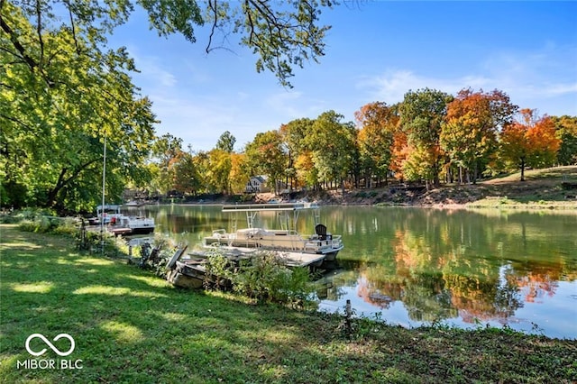 dock area with a yard and a water view