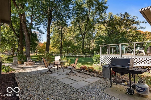 view of patio / terrace with a fire pit and fence