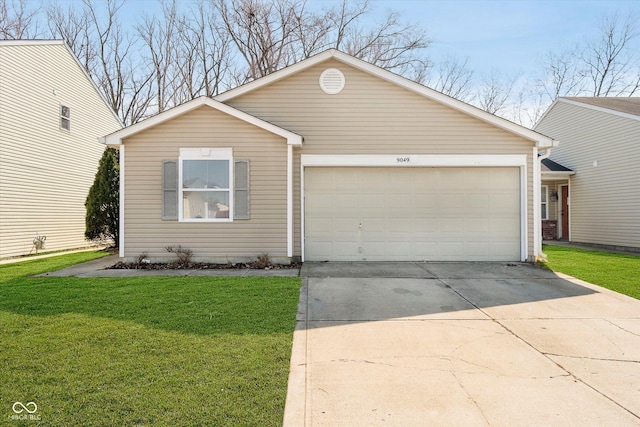 ranch-style house featuring an attached garage, driveway, and a front lawn