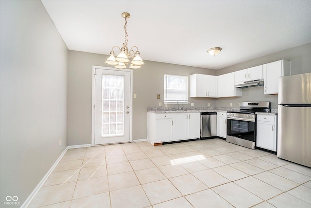 kitchen featuring under cabinet range hood, a sink, white cabinetry, appliances with stainless steel finishes, and light tile patterned floors