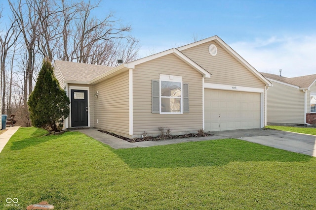 ranch-style house with an attached garage, concrete driveway, a front lawn, and roof with shingles