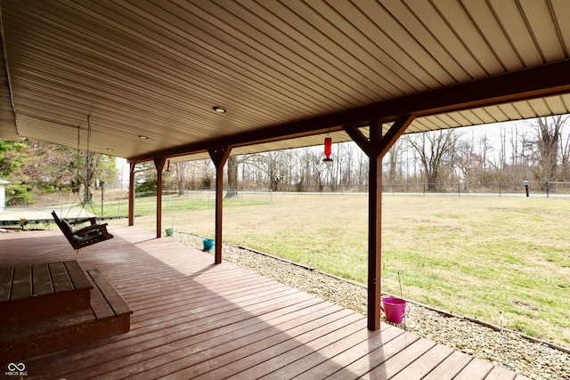 wooden deck with a lawn and a fenced backyard