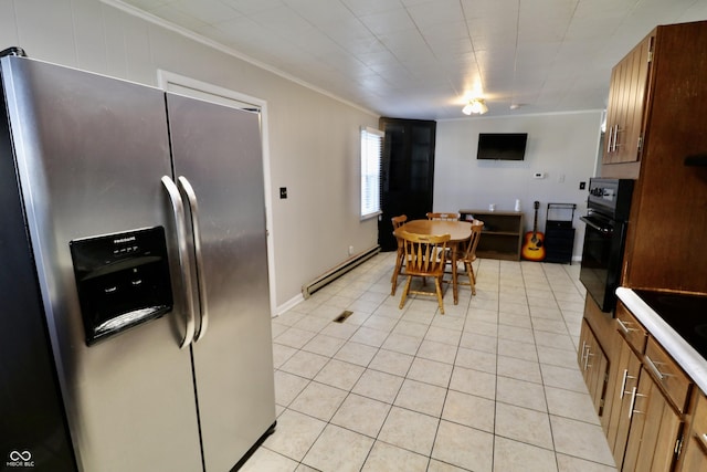 kitchen with light tile patterned floors, stainless steel fridge with ice dispenser, ornamental molding, oven, and baseboard heating