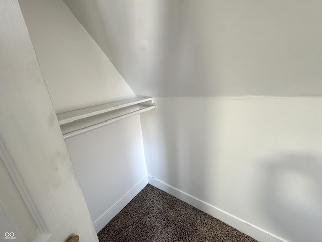 walk in closet featuring dark carpet and vaulted ceiling