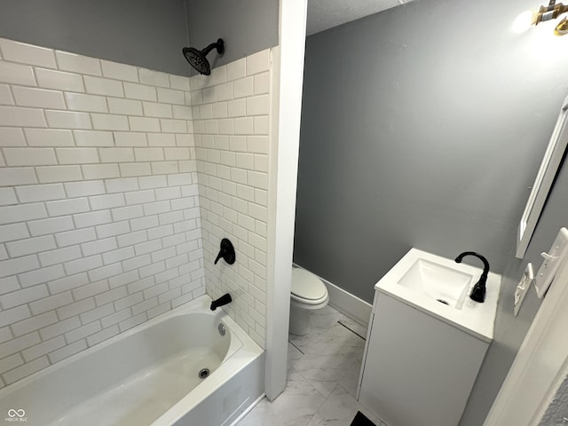 bathroom featuring vanity, a textured ceiling, shower / bathing tub combination, toilet, and marble finish floor