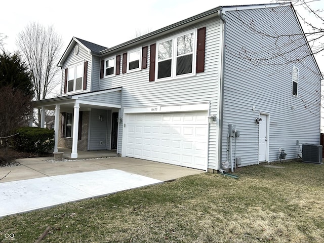 view of front of house featuring cooling unit, covered porch, concrete driveway, a front yard, and an attached garage