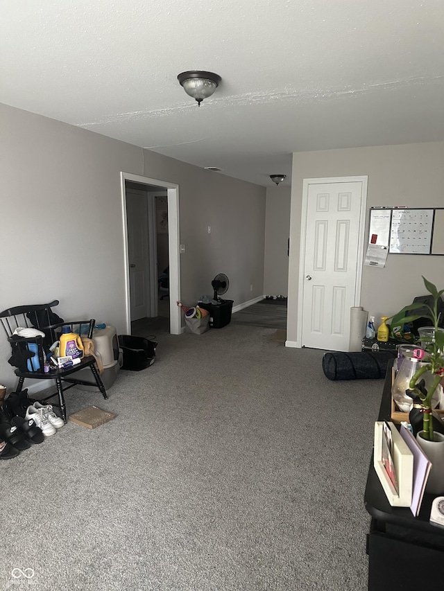 living area featuring carpet floors and a textured ceiling