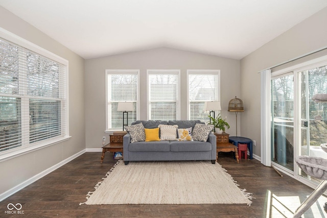 living area featuring a wealth of natural light, wood finished floors, and vaulted ceiling