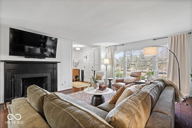 living room featuring wood finished floors and a fireplace