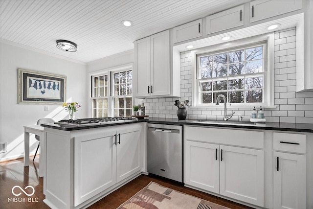 kitchen with dark countertops, tasteful backsplash, appliances with stainless steel finishes, and a sink