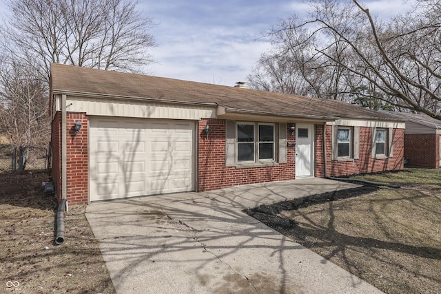 ranch-style home featuring an attached garage, brick siding, driveway, and roof with shingles