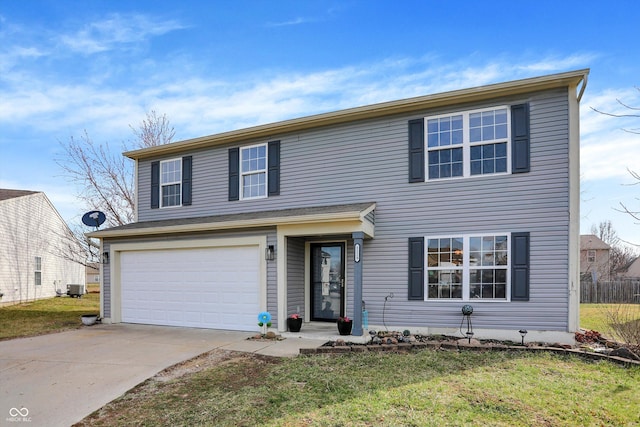 traditional-style house featuring a front lawn, an attached garage, cooling unit, and driveway