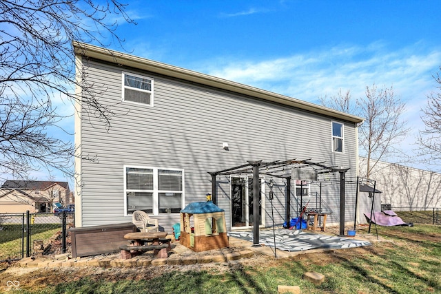 back of house featuring a patio, fence, a pergola, and a lawn