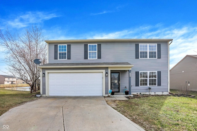 traditional-style home with a garage, a front yard, and driveway