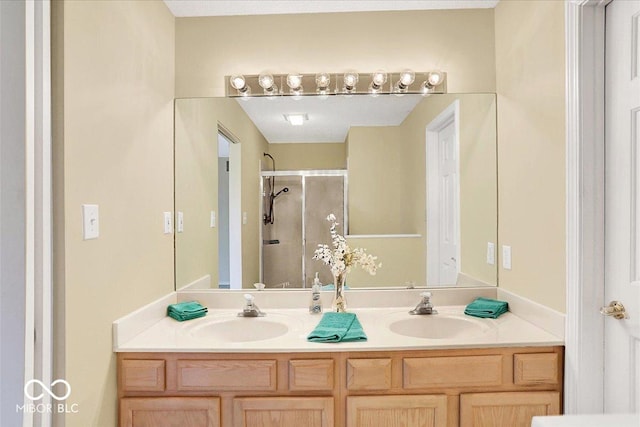 full bath featuring a shower stall, double vanity, and a sink