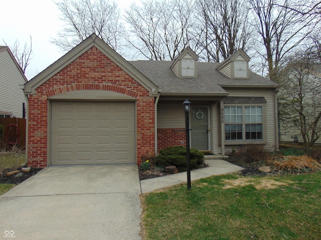 view of front of house featuring brick siding, an attached garage, concrete driveway, and a shingled roof